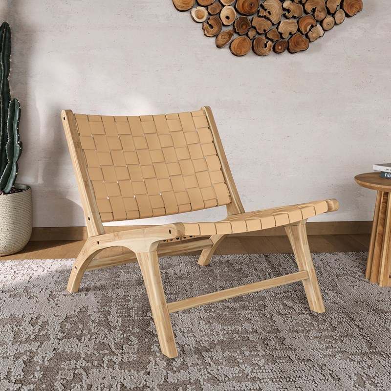 Fauteuil en teck et cuir tressé beige - kuna