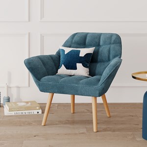 Fauteuil en tissu bleu et pieds en bois - simba