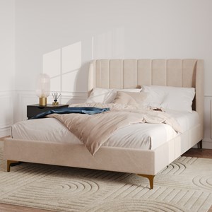 Lit double 140x190 cm en tissu beige et pieds doré - koda