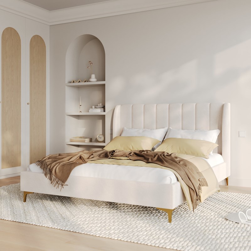 Lit double 160x200 cm en tissu beige et pieds doré - koda