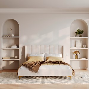 Lit double 160x200 cm en tissu beige et pieds doré - koda