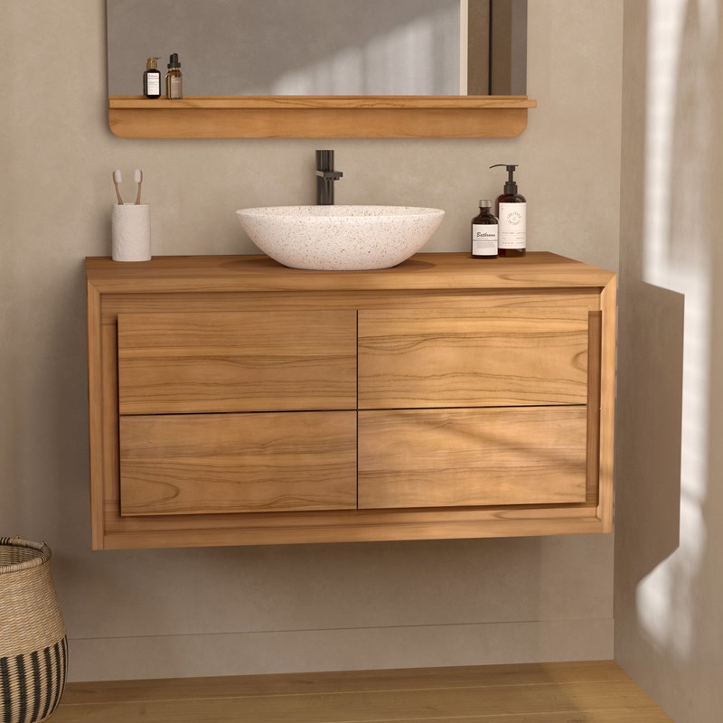 Meuble de salle de bain suspendu en bois de teck 90 cm - hera