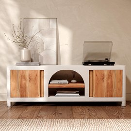 Meuble tv en béton blanc cassé et bois d'acacia 145 cm - fira