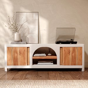 Meuble tv en béton blanc cassé et bois d'acacia 145 cm - fira