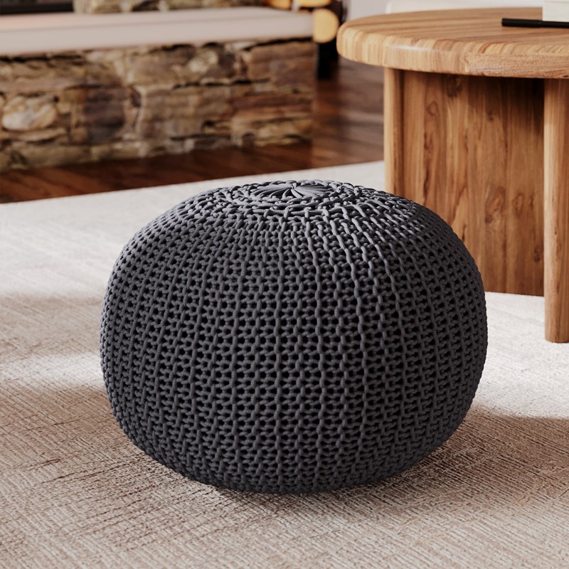 Pouf tricot rond en coton gris foncé d40 cm - elisa
