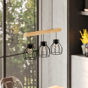 Suspension 3 lampes en bois d'eucalyptus et métal noir - abby
