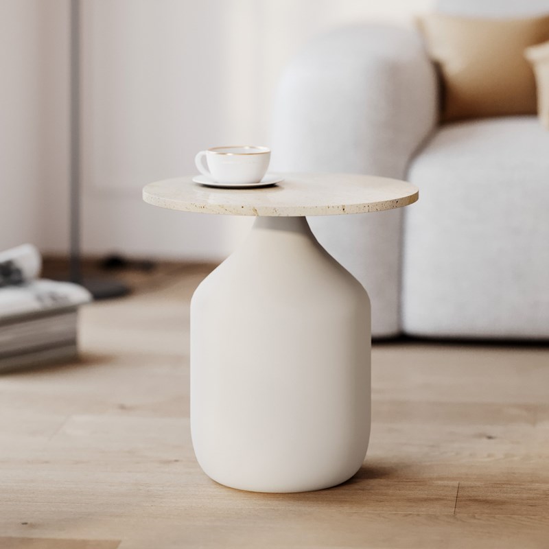 Table d'appoint ronde en travertin et métal beige d45 cm - louison