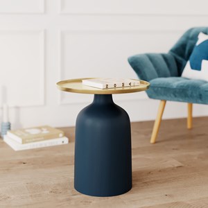 Table d'appoint ronde en métal bleu et laiton d45 cm - lyne