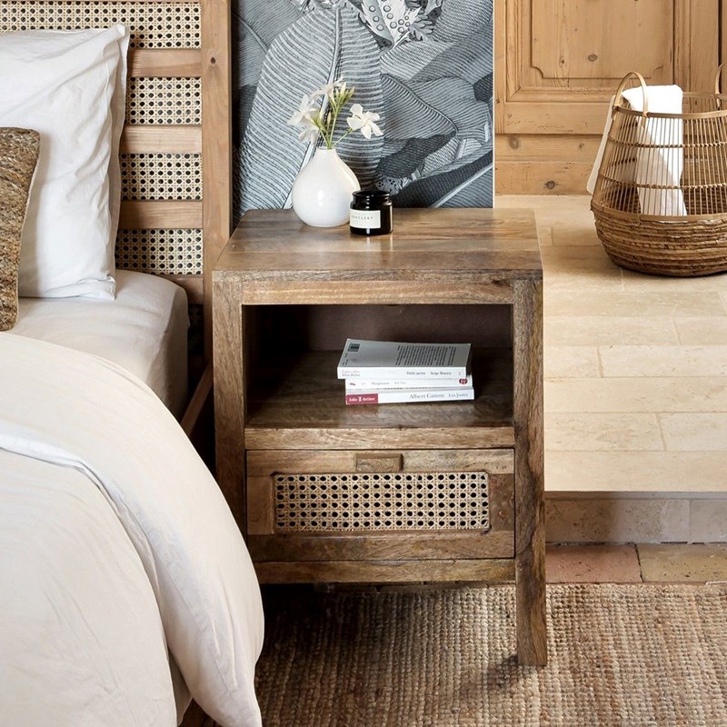 Table de chevet en cannage et bois, 1 tiroir et 1 niche - tiki