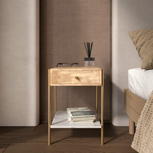 Table de chevet 1 tiroir en bois de manguier et marbre - doori