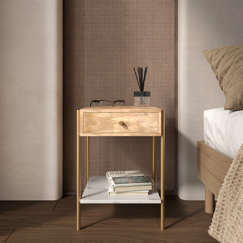 Table de chevet 1 tiroir en bois de manguier et marbre - doori