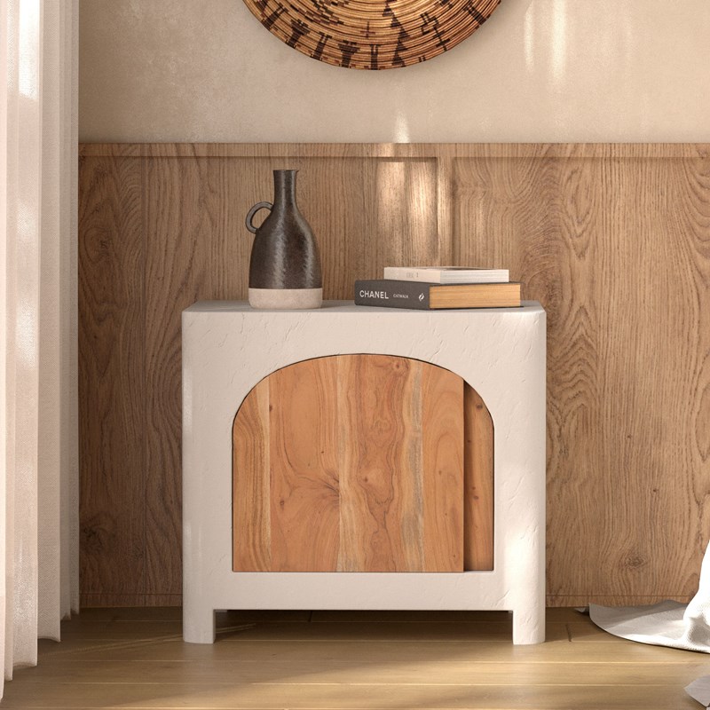 Table de chevet en béton blanc cassé et bois d'acacia - fira