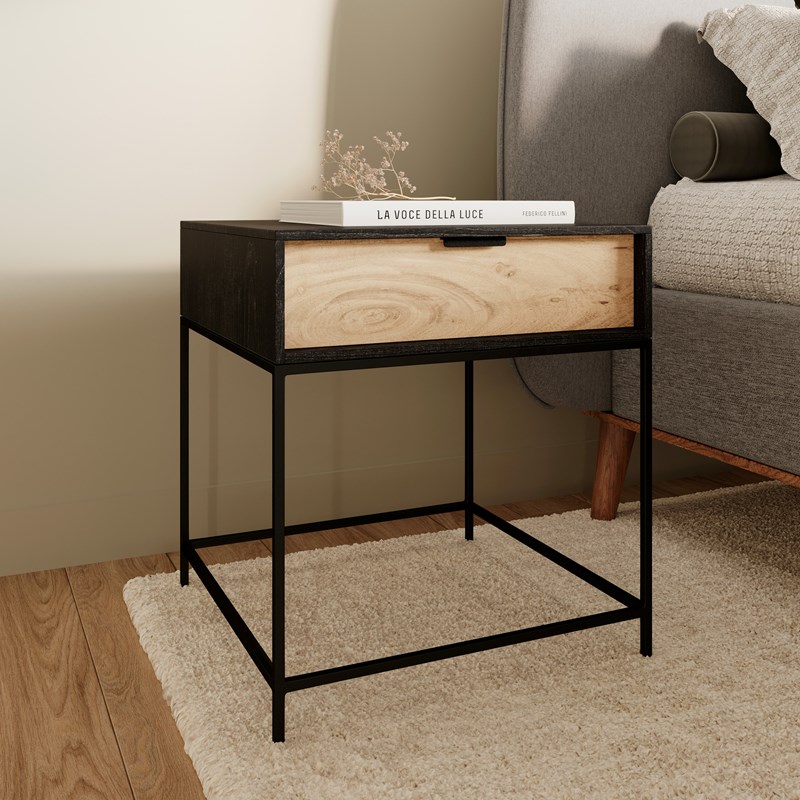 Table de chevet 1 tiroir en bois d'acacia et métal noir - jakson