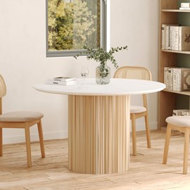 Table ronde 4 personnes en marbre blanc et bois de manguier d120 cm - agathe