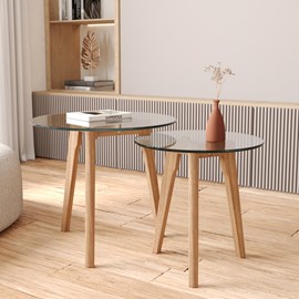 Tables basses rondes en verre et bois d'hévéa (lot de 2) - vénus