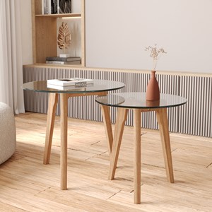 Tables basses rondes en verre et bois d'hévéa (lot de 2) - vénus