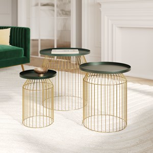 Tables d'appoints rondes en métal bleu gris et laiton (lot de 3) - palombe