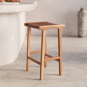 Tabouret pour îlot central 68 cm en teck et cuir tressé marron - kuna