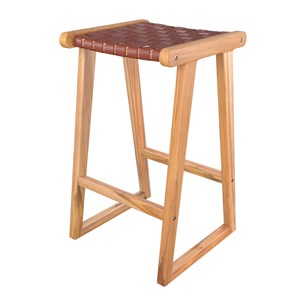 Tabouret pour îlot central 67 cm en teck et cuir tressé marron - yuma