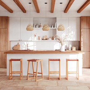 Tabouret pour îlot central 67 cm en teck et cuir tressé marron - yuma