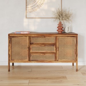 Buffet en cannage et bois 2 portes 3 tiroirs - tiki