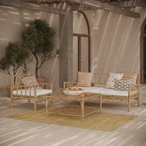 Salon de jardin blanc en bambou avec canapé d'angle et table basse - vadella