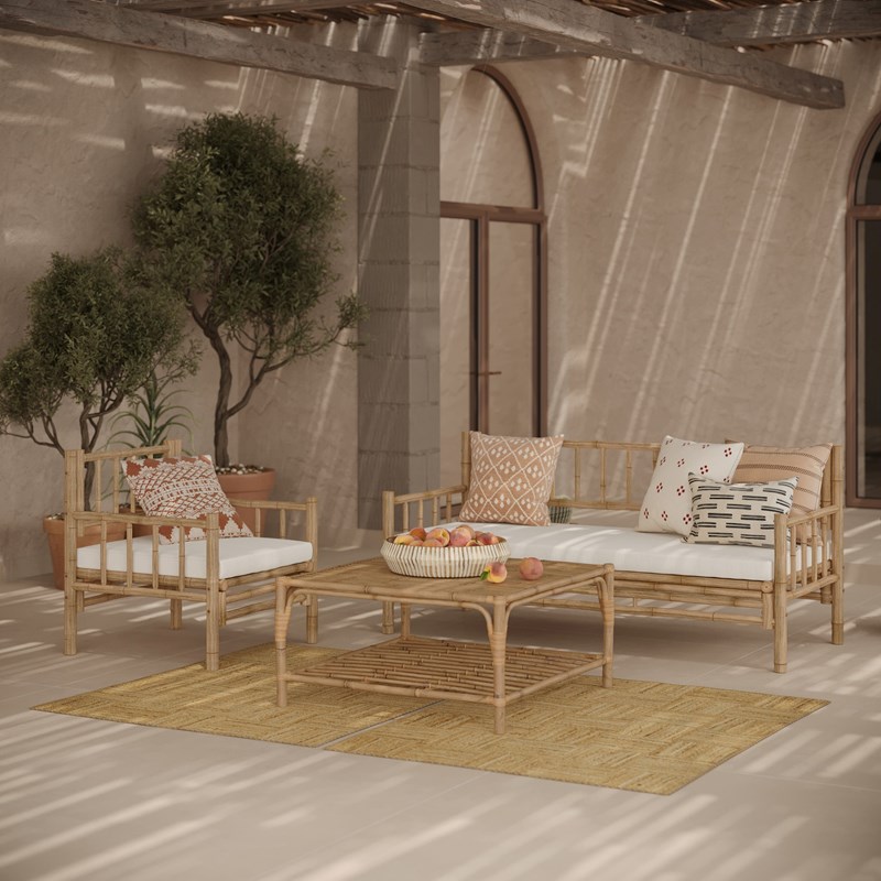 Salon de jardin blanc en bambou avec canapé, fauteuil et table basse - vadella