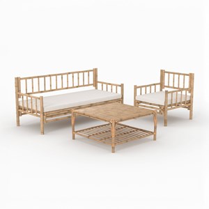 Salon de jardin en bambou avec canapé, fauteuil et table basse - vadella