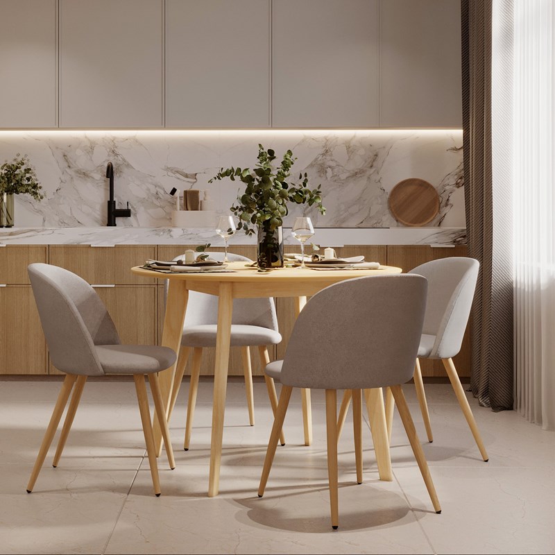 Table et chaises 4 personnes en tissu taupe et bois - réno