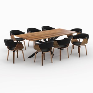 Table et chaises 8 personnes en cuir synthetique noir et bois - piada