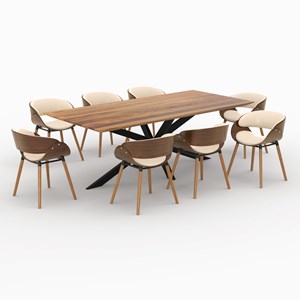 Table et chaises 8 personnes en cuir synthétique beige et bois - surdiman