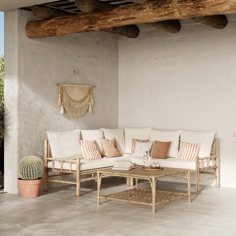 Salon de jardin 5 personnes blanc en bambou, table basse carrée - vadella