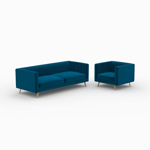Ensemble canapé et fauteuil en velours bleu 3 places - gatsby