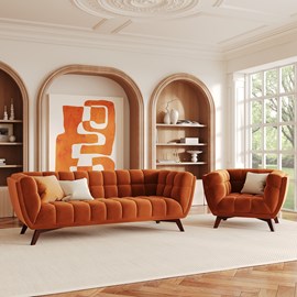 Ensemble canapé et fauteuil en velours orange 4 places - mona