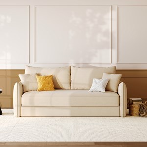 Canapé convertible 3 places en tissu effet lin blanc cassé - céleste