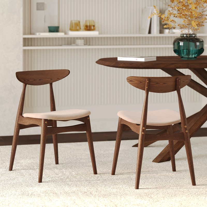 Lot de 2 chaises en tissu beige et bois foncé d'hévéa - josette