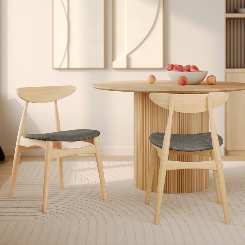 Lot de 2 chaises en tissu gris et bois d'hévéa - josette