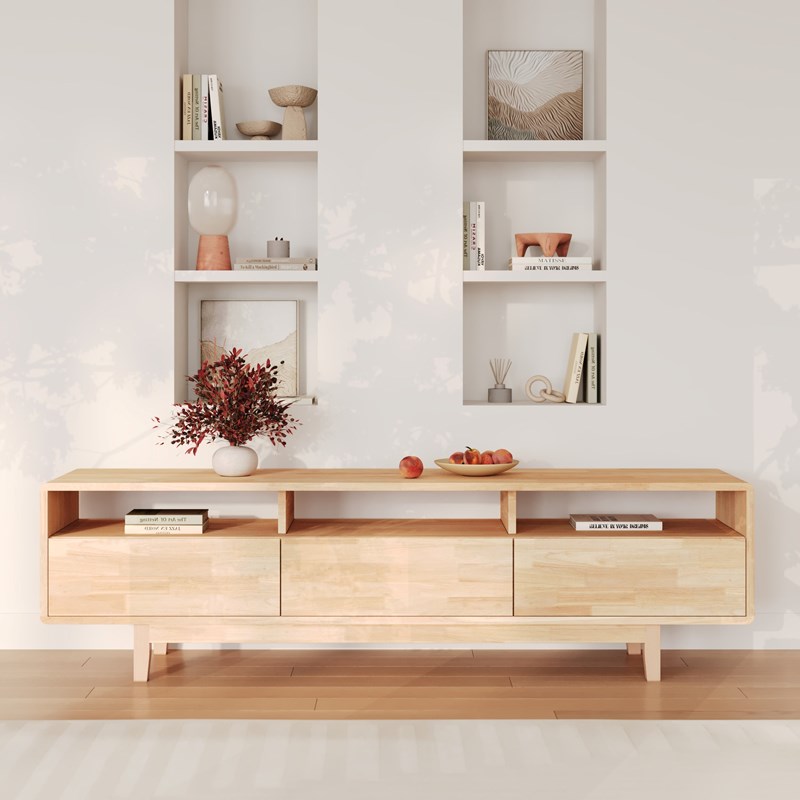 Meuble tv en bois d'hévéa massif effet blanchi - gisèle