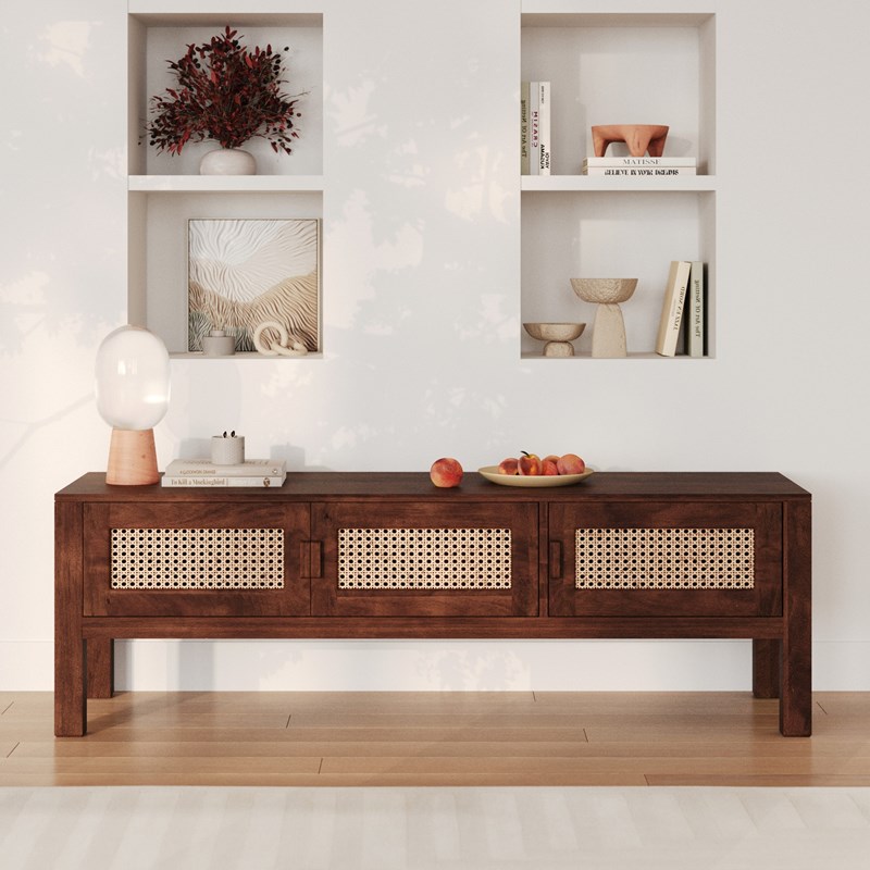 Meuble tv en bois de manguier et cannage - tiki