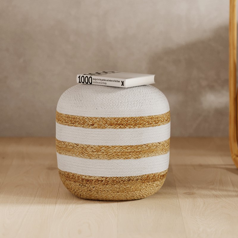 Pouf rond en jute, rayures blanches d40 cm - billy