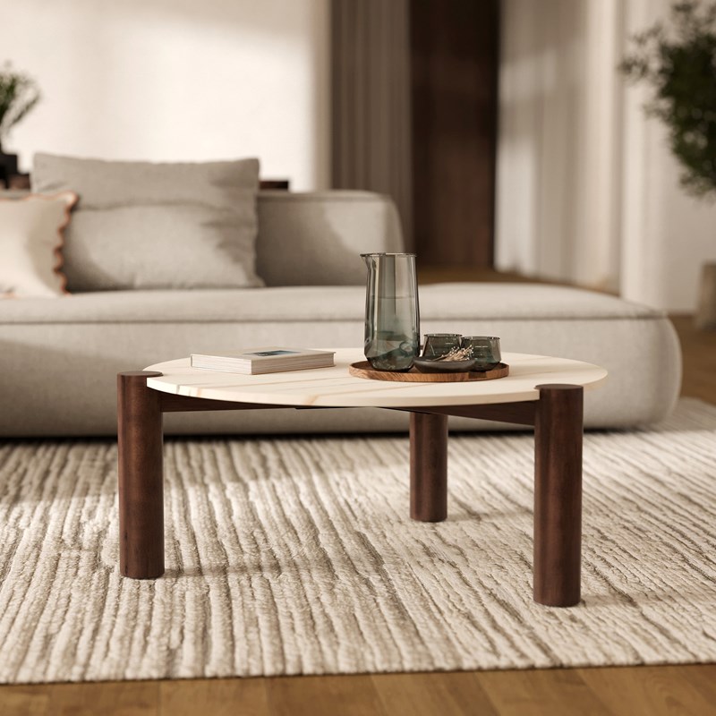 Table basse ronde en marbre et bois de manguier d86 cm - pauline