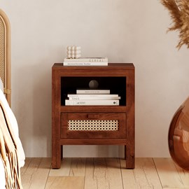 Table de chevet en bois de manguier et cannage - tiki