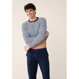 Ensemble pyjama haut marinière et pantalon bleu marine en coton
