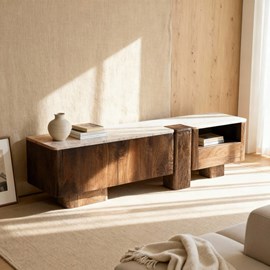 Meuble tv manguier et travertin