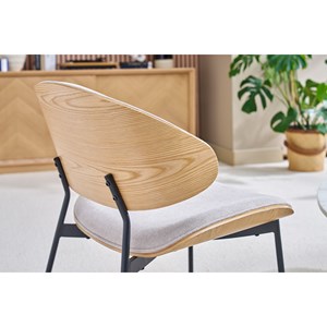 Fauteuil en tissu effet velours texturé beige, bois clair et métal noir fabulo