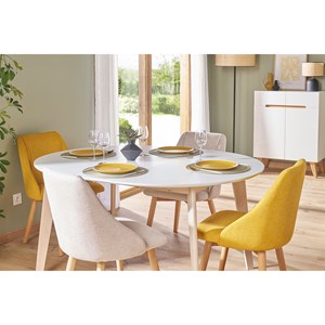 Table à manger ronde extensible blanc et bois l120-150 cm leena
