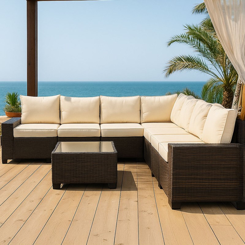 Lazaro salon de jardin d'angle 7 places en résine tressée avec table marron et b