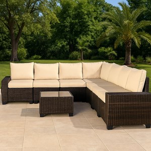 Lazaro salon de jardin d'angle 7 places en résine tressée avec table marron et b