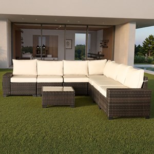 Lazaro salon de jardin d'angle 7 places en résine tressée avec table marron et b