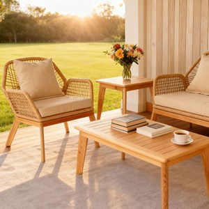 Rosario salon de jardin 4 places en bois avec 2 tables beige et bois